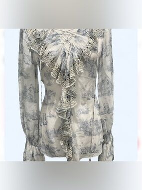 Camilla Sheer White Top with Gray-Blue Floral Print